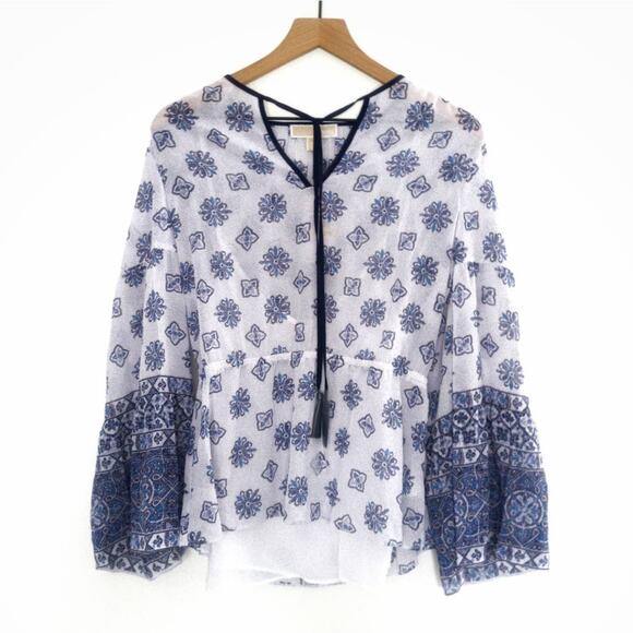 NWT MICHAEL Michael Kors Mosaic Tie Neck Peasant Top - Various - Picture 4 of 5